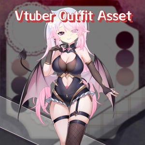 May include: Digital illustration of a female anime character in a dark blue and gold outfit with bat wings and a heart-shaped accent. The image includes the text "Vtuber Outfit Asset" in red.