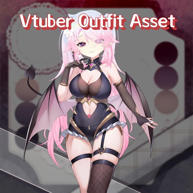 May include: Digital illustration of a female anime character in a dark blue and gold outfit with bat wings and a heart-shaped accent. The image includes the text "Vtuber Outfit Asset" in red.