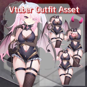 May include: A digital illustration of a Vtuber Outfit Asset. The outfit is a black bodysuit with heart-shaped cutouts and gold accents. The image includes a character with pink hair, black gloves, and devil wings. The text "Vtuber Outfit Asset" is displayed.