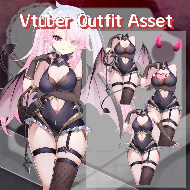 May include: A digital illustration of a Vtuber Outfit Asset. The outfit is a black bodysuit with heart-shaped cutouts and gold accents. The image includes a character with pink hair, black gloves, and devil wings. The text "Vtuber Outfit Asset" is displayed.