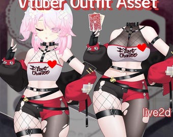 Op de afbeelding: Digitale illustratie van een Vtuber Outfit Asset. De outfit bevat een witte crop top met een rood hart en de tekst "Last Chance", een zwarte en rode short en visnetkousen. De afbeelding bevat ook de tekst "live2d".