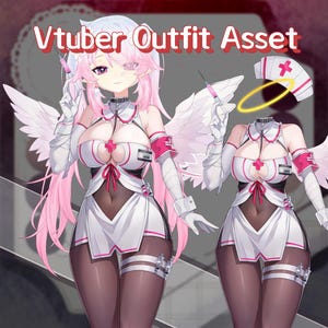 May include: An anime-style illustration of a Vtuber Outfit Asset. The outfit is a white and pink nurse uniform with angel wings. The image includes a full body character and a headless version of the outfit.