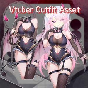 May include: Digital illustration of a Vtuber Outfit Asset. The image features a character in a black and gold outfit with bat wings, gloves, and garters. The character has pink hair and horns. The text "Vtuber Outfit Asset" is at the top.