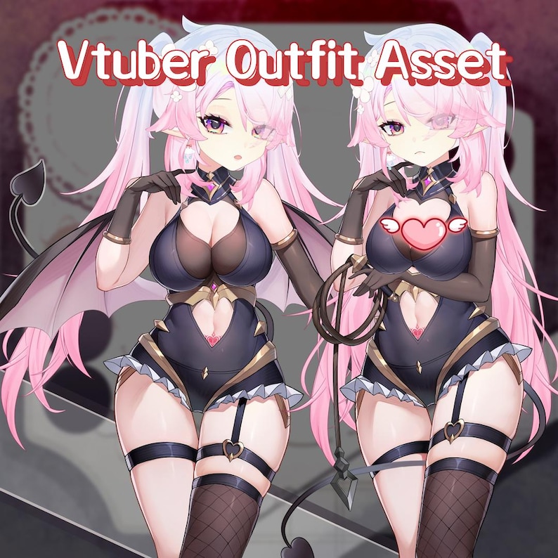 May include: Two anime-style figures in black and gold outfits with pink hair and devil-like wings. The outfits feature heart-shaped cutouts and garter belts. The text "Vtuber Outfit Asset" is displayed at the top.