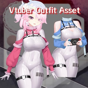 Peut inclure: Illustration numérique d'un ensemble de tenues de Vtuber. L'image présente deux personnages vêtus de combinaisons blanches avec des harnais noirs et des détails de codes-barres. L'un a des manches roses et l'autre des manches bleues. Le texte "Vtuber Outfit Asset" est en haut.