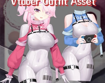 Op de afbeelding: Digitale illustratie van een Vtuber Outfit Asset. De afbeelding toont twee figuren in witte jumpsuits met zwarte harnassen en barcode details. Eén figuur heeft roze mouwen en de andere blauwe mouwen. De tekst "Vtuber Outfit Asset" staat bovenaan.