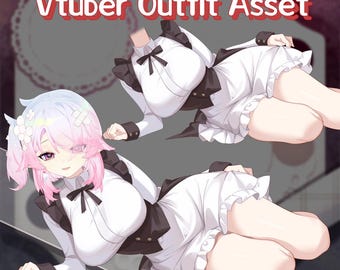 May include: An illustration of a Vtuber Outfit Asset. The image features a character with pink and blue hair, wearing a white dress with black accents and a black bow. The text "Vtuber Outfit Asset" is displayed in red.