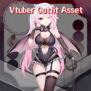 May include: Digital illustration of a female anime character in a dark outfit with bat wings. The character has pink hair, purple eyes, and is holding a whip. The text "Vtuber Outfit Asset" is displayed at the top.
