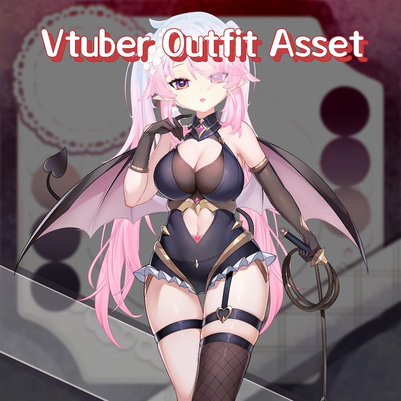May include: Digital illustration of a female anime character in a dark outfit with bat wings. The character has pink hair, purple eyes, and is holding a whip. The text "Vtuber Outfit Asset" is displayed at the top.