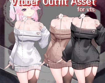 Op de afbeelding: Digitale illustratie van een Vtuber Outfit Asset voor vts. De afbeelding toont drie off-the-shoulder trui jurken in wit, bruin en zwart. Elke jurk heeft een hartdetail en wordt gecombineerd met dijhoge kousen. De tekst "live2d Vtuber Outfit Asset for vts" wordt weergegeven.