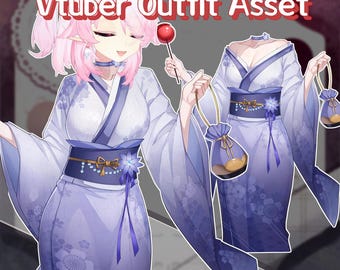 Puede incluir: Ilustración digital de un Vtuber Outfit Asset. El atuendo es un kimono morado claro con un cinturón obi morado oscuro y detalles florales. La imagen incluye un personaje con cabello rosado y una piruleta, y una versión sin cabeza del atuendo.