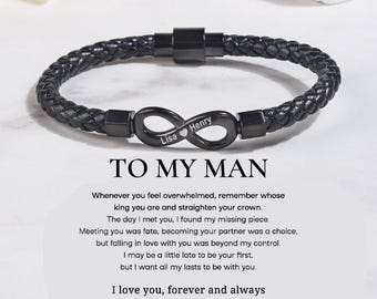 Bracelet en cuir tressé à l'infini personnalisé pour homme, noms gravés personnalisés pour mon homme, âme soeur, cadeau d'anniversaire pour petit ami et mari