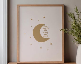 Stampa per la cameretta "Ti amo fino alla luna e ritorno", decorazione murale con luna e stelle, regalo per baby shower, arredamento neutro per la cameretta dei bambini, arte celeste per la cameretta