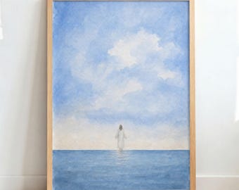 Quadro murale ispiratore con acquerelli costieri, stampa cristiana dell'oceano, decorazione minimalista a tema religioso, stampa artistica per la cameretta, download digitale con cielo blu.