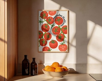 Poster digitale di pomodori italiani, regalo per l'inaugurazione della casa, decorazione per cucina mediterranea, arte culinaria italiana vintage, decorazione colorata per le pareti della cucina
