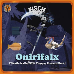 May include: A digital illustration featuring a scythe with the word "FISCH" above it. Below, the text "Onirifalx" is displayed, with additional text below that. The image includes cartoon fish and other fantasy elements.