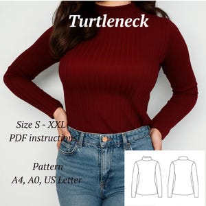 Könnte beinhalten: Ein weinroter Rollkragenpullover mit Rippendetails. Das Bild enthält den Text "Turtleneck" oben und "Size S - XXL" und "PDF instructions" darunter. Das Muster ist in den Größen A4, A0 und US Letter erhältlich.