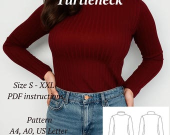 Turtleneck Sewing Pattern PDF | Women’s Knit Top Pattern | Long Sleeve Basic Top | Mock Neck Shirt | Sizes S–XXL