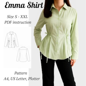 Op de afbeelding: Een lichtgroen overhemd met lange mouwen en een getailleerde taille, met strikdetails aan elke kant. De afbeelding bevat ook een lijntekening van het overhemd en de tekst "Emma Shirt, Size S - XXL, PDF instruction, Pattern, A4, US Letter, Plotter."