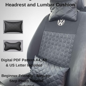 以下が含まれることがあります： ヘッドレストとランバークッションが付いた車のシートの画像。ヘッドレストとランバークッションは黒色で、ダイヤモンドステッチが施されています。「Sewing Pattern for Car Headrest and Lumbar Cushion」と書かれています。テキストには「Digital PDF Pattern A4, A0 & US Letter Included」とも書かれています。