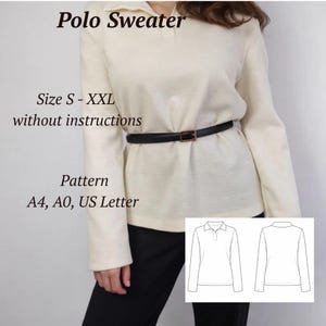 Może przedstawiać: Kremowy sweter polo z długimi rękawami, przewiązany w talii czarnym paskiem. Obraz zawiera tekst "Polo Sweater", "Size S - XXL", "without instructions" i "Pattern A4, A0, US Letter". Rysunek linii swetra znajduje się w prawym dolnym rogu.
