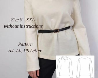 Mönster för pikétröja i PDF-format | Stickad pikétröja för kvinnor | Mönster för långärmad tröja | Minimalistisk topp | Storlekar S–XXL