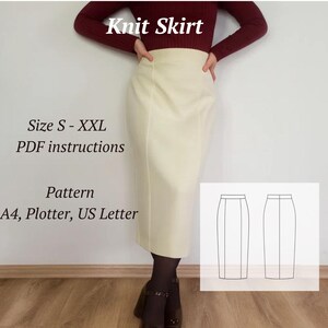 Pode incluir: Saia de malha creme com silhueta lápis. A imagem inclui o texto "Knit Skirt", "Size S - XXL", "PDF instructions" e "Pattern A4, Plotter, US Letter". Um esboço da saia também é mostrado.