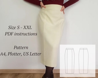 以下が含まれることがあります： クリーム色のニットスカート、ペンシルシルエット。 画像には「Knit Skirt」、「Size S - XXL」、「PDF instructions」、「Pattern A4, Plotter, US Letter」の文字が含まれています。 スカートのスケッチも表示されています。