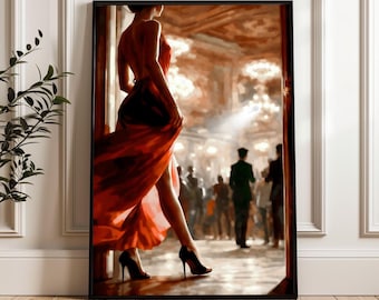 May include: A framed art print depicts a woman in a flowing red dress and black high heels. The artwork has a blurred background of people and architecture, with a warm color palette. The woman is seen from the back, holding the dress as she walks.