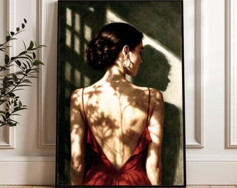 May include: A framed artwork depicts a person in a red dress, viewed from the back. The dress has thin straps and a low back. Shadows from a window create a pattern on the person's back. The person wears gold hoop earrings and has their hair up.
