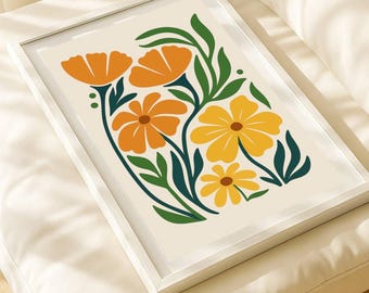 Orange and Yellow Floral Wall Art - Botanical Printable Poster - Minimal Flowers Digital Download - Boho Art Decor - Modern Wall Art
