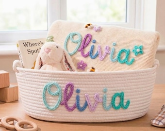 Personalized Baby Gift Basket with Name, Custom Baby Blanket Set, Newborn Girl Gift, Baby Shower Keepsake