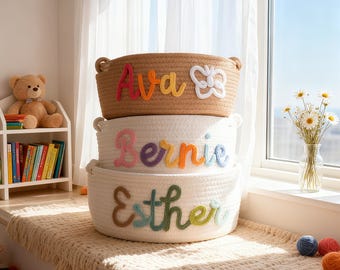 Personalized Cotton Woven Baby Basket with Name, Custom Nursery Storage, Monogrammed New Mom Gift Basket
