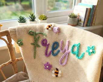 Personalized Baby Blanket, Custom Name Blanket, Knitted Cotton Newborn Girl Swaddle, Nursery Receiving Blanket