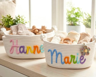 Personalized Toy Storage Basket with Name - Custom Kids Toy Chest for Playroom - Woven Cotton Rope Toy Organizer Bin - Kids Furniture Decor