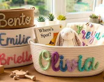Personalized Baby Blanket and Basket Set - Custom Name Newborn Gift - White Cotton Rope Nursery Bin - Personalized Baby Gift for Girl Boy