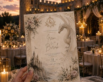 Dragon Castle Wedding Invitation Template, Fantasy Fairytale Canva Invite (Digital Download)
