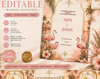 Flamingo Wedding Invitation | Tropical Beach Invite | Editable Canva Template | Summer Wedding Digital Download