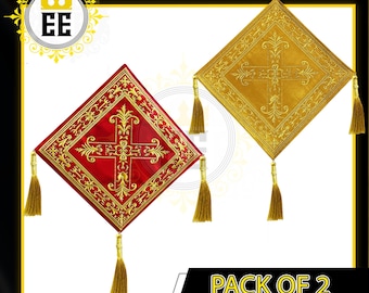 May include: Two decorative liturgical veils, one red and one gold, each with a cross design and ornate gold embroidery. The veils are square with gold tassels at each corner. The text "PACK OF 2" is visible.