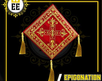 May include: A red liturgical veil with gold embroidery featuring a cross design and ornate patterns. The veil has gold tassels at each corner. The text "EPIGONATION" is visible at the bottom.