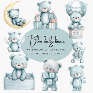 Blue Baby Bear Clipart, Boy Baby Shower PNGs, Watercolor Teddy Bear Nursery Art, Cute Baby Animals, It’s a Boy Digital Download