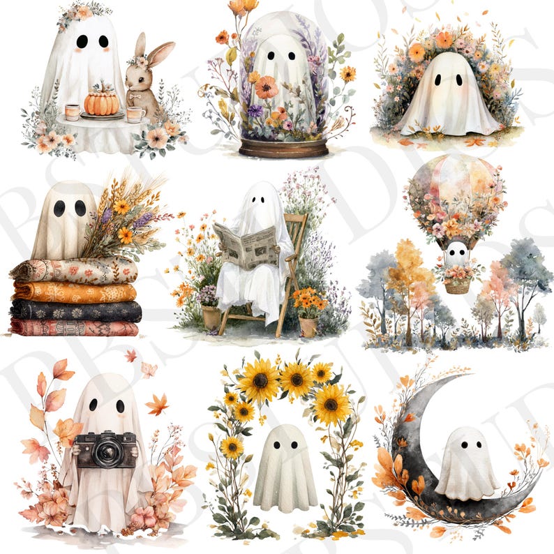Vintage Fall Ghost Clipart PNG Bundle, Cute Halloween Watercolor Ghosts ...