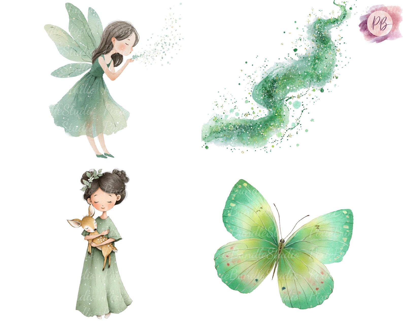 Green Fairy Clipart Bundle, Watercolor Fairy PNG, Magical Forest Fairy ...
