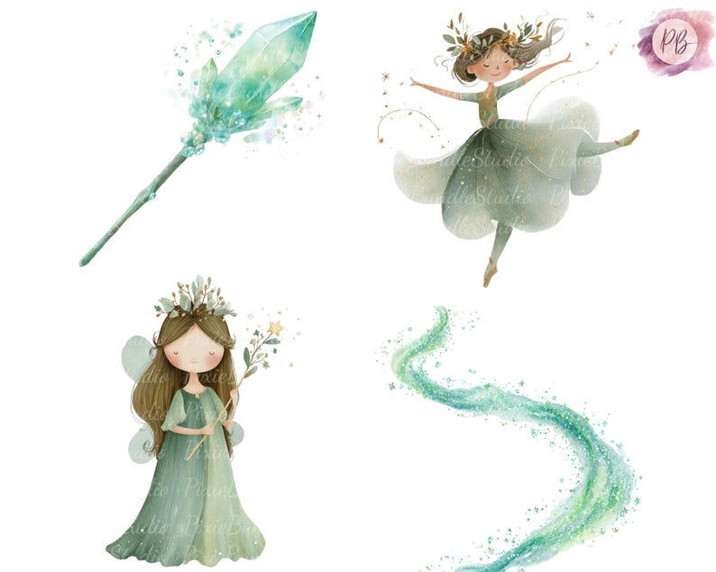 Green Fairy Clipart Bundle, Watercolor Fairy PNG, Magical Forest Fairy ...
