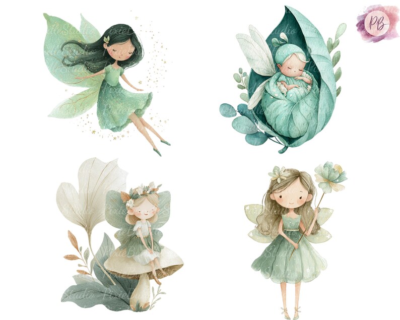 Green Fairy Clipart Bundle, Watercolor Fairy PNG, Magical Forest Fairy ...