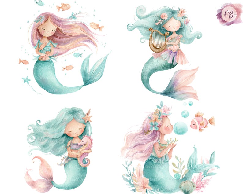 44 Cute Mermaid Clipart Bundle, Watercolor Mermaid PNG, Under the Sea ...
