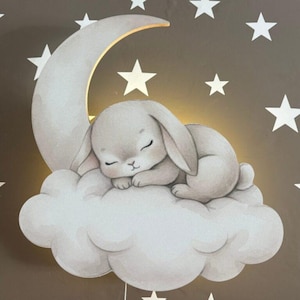 Sleeping Bunny on Cloud Moon Wooden Wall Night Light , LED Baby room, Nursery Lamp, Baby Shower Gift, Neutral Boho Toddler Room Decor.