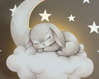 Sleeping Bunny on Cloud Moon Wooden Wall Night Light , LED Baby room, Nursery Lamp, Baby Shower Gift, Neutral Boho Toddler Room Decor.