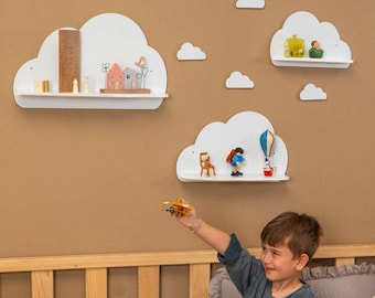 Cloud Wall Shelf Set, 7 Piece Wooden Nursery Shelves, Floating Cloud Bookshelf for Baby Room, Playroom Wall Decor Gift