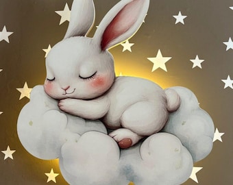 Sleeping Bunny on Cloud Night Light, Wooden Cut Wall Lamp, Baby Room Decor, Kids Nursery LED Light, Toddler Bedroom Wall Art, Newborn Gift.
